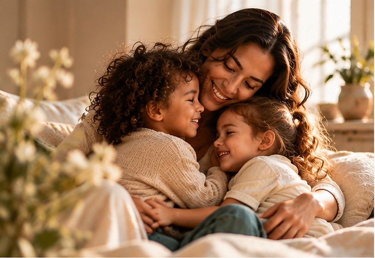 A mother and her young children sharing a quiet moment together.