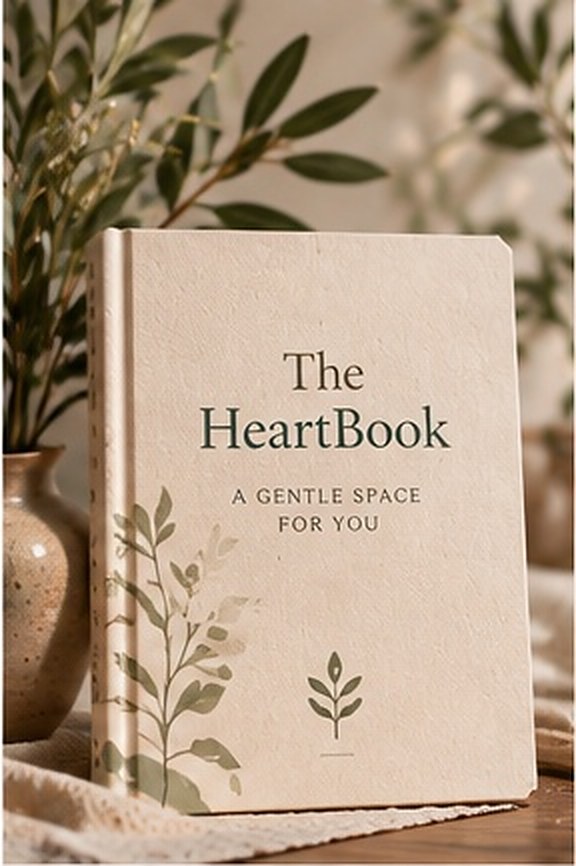 A HeartBook, a cloth-bound journal on a table beside olive branches.
