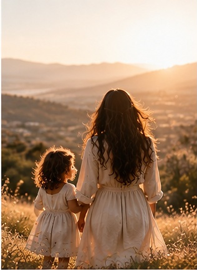 A mother and her daughter holding hands, looking out at a sunlit hillside.